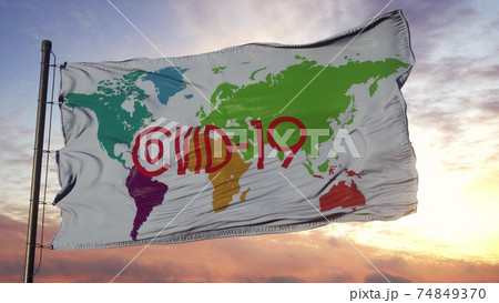 Covid19 flag waving in the wind. Sign of Coronavirus. 3d illustration Covid19 flag waving in the wind. Sign of Coronavirus. 3d illustration 74849370
