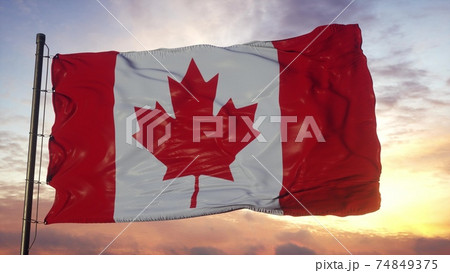 Flag of Canada waving in the wind against deep beautiful sky. 3d illustration Flag of Canada waving in the wind against deep beautiful sky. 3d illustration 74849375