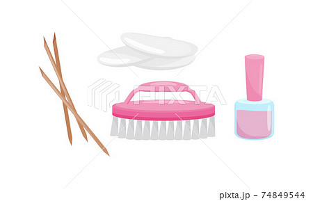 Manicure and Pedicure Tools with Nail Polish and Brush Vector Set 74849544