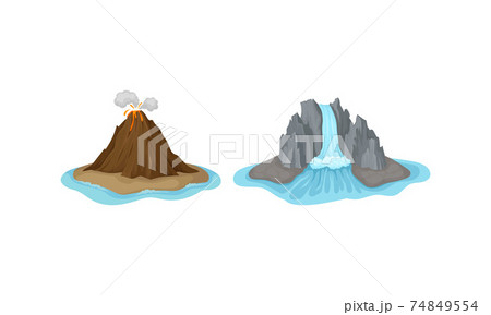 Islands with Waterfall and Volcano Surrounded by Water Vector Set 74849554