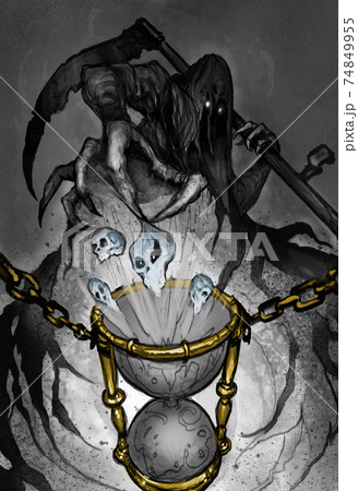 Reaper with scythe death and hour of souls. Illustration of a black and white sketch. 74849955