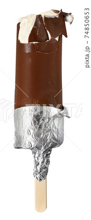 Ice cream in chocolate glaze on sticks in phalgated packaging isolated Ice cream in chocolate glaze on sticks in phalgated packaging isolated 74850653