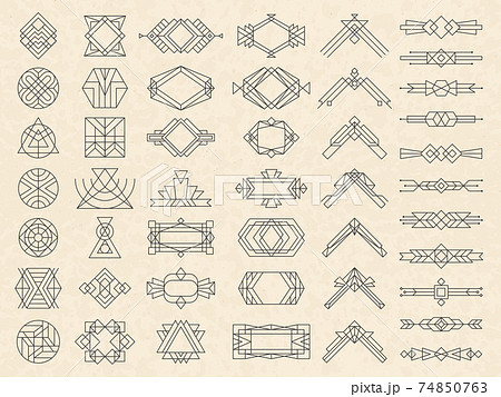 Art deco geometrical shapes. Modern design elements for emblems and logotypes triangles circles dividers frames and arrows recent vector templates Art deco geometrical shapes. Modern design elements for emblems and logotypes triangles circles dividers frames and arrows recent vector templates 74850763