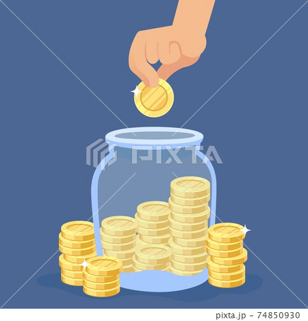 Hand puts coins into the jar. Transparent bottle with stacks, saving gold coin in moneybox, banking deposit or credit, investment and profit financial concept vector cartoon illustration 74850930