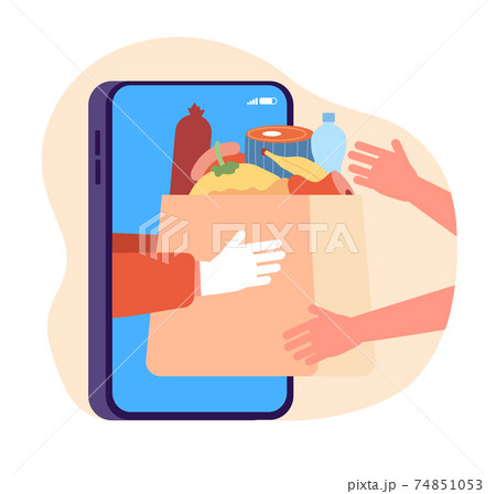 Online food store shopping. Grocery contactless delivery, flat internet supermarket app. Goods package from shop to home utter vector concept 74851053