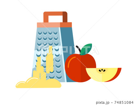 Flat food preparation. Apple chopping, fruit and grater. Fresh garden product grinding, seasonal vitamins cooking vector illustration Flat food preparation. Apple chopping, fruit and grater. Fresh garden product grinding, seasonal vitamins cooking vector illustration 74851084