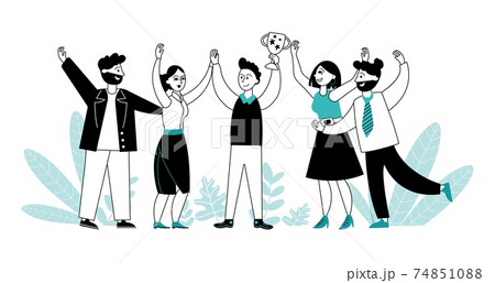 Business team with trophy. Flat people reward, achieving or success of employees. Victory celebration, office winners group decent vector concept Business team with trophy. Flat people reward, achieving or success of employees. Victory celebration, office winners group decent vector concept 74851088