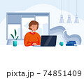 The girl behind the laptop works remotely from home during COVID-19 restrictions. Vector concept illustration of remote work 74851409