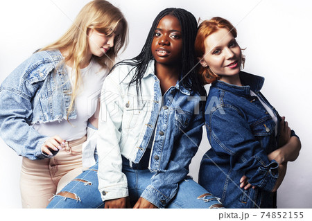 diverse multi nation girls group, teenage friends company cheerful having fun, happy smiling, cute posing isolated on white background, lifestyle people concept, african-american and caucasian 74852155