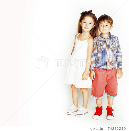 little cute boy and girl hugging playing on white background, happy family smiling 74852230