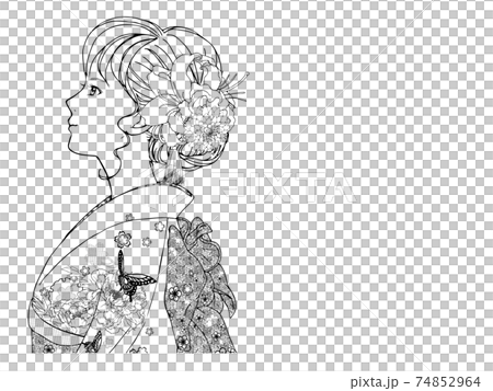 目線を上にする、横向きの晴れ着の女性(線画) 目線を上にする、横向きの晴れ着の女性(線画) 74852964