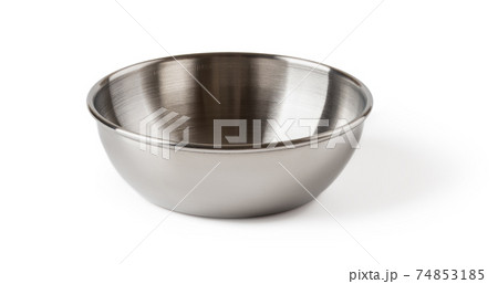 Front view of metal sauce bowl isolated on white background. 74853185