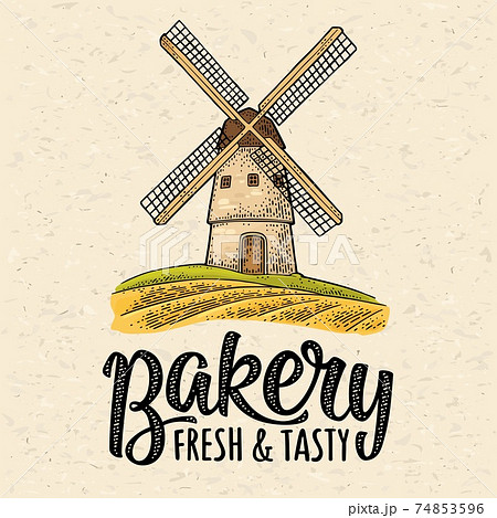 Windmill on wheat field. Vintage vector color engraving illustration 74853596
