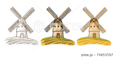 Windmill on wheat field. Vintage vector color engraving illustration 74853597