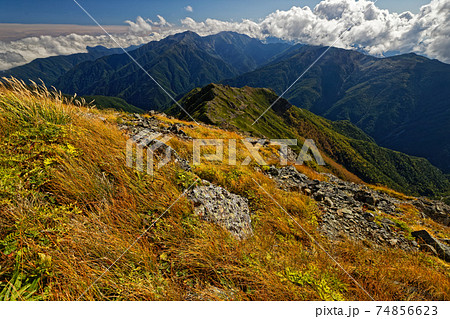 南アルプス・塩見岳の草紅葉と荒川三山の眺め 74856623