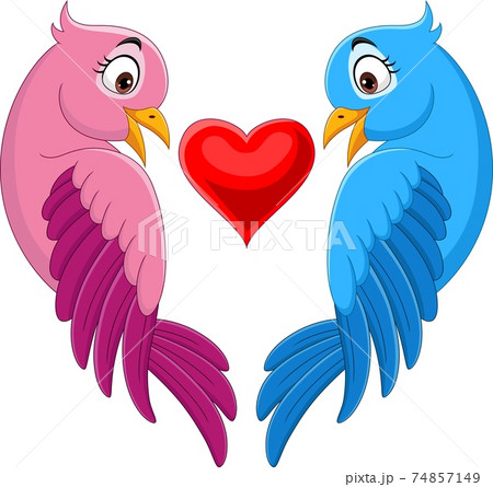 Cartoon couple of bird in pink and blue with heart shape 74857149