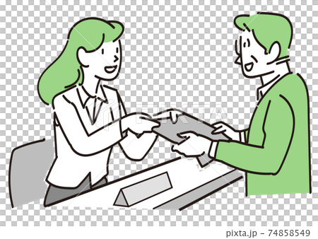 医療事務の受付を担当する女性と書類を提出する男性 医療事務の受付を担当する女性と書類を提出する男性 74858549