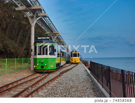 Haeundae Beach Train Running on Railway, Busan, South Korea Asia. 74858568