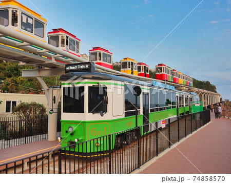 Haeundae Beach Train Running on Railway, Busan, South Korea Asia. 74858570
