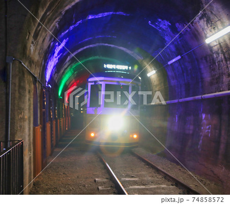 Night View of Haeundae Beach Train, Busan, South Korea Asia. 74858572