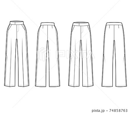 Set of Pants tuxedo technical fashion illustration with extended low normal waist, high rise, full length, slant pockets 74858763