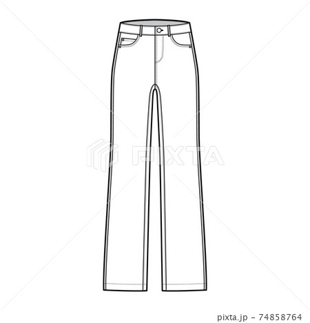 Straight Jeans Denim pants technical fashion illustration with full length, low waist, 5 pockets, Rivets, belt loops 74858764