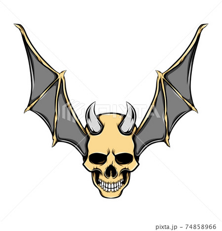 The evil head skull with the iron horns and golden bat wings The evil head skull with the iron horns and golden bat wings 74858966