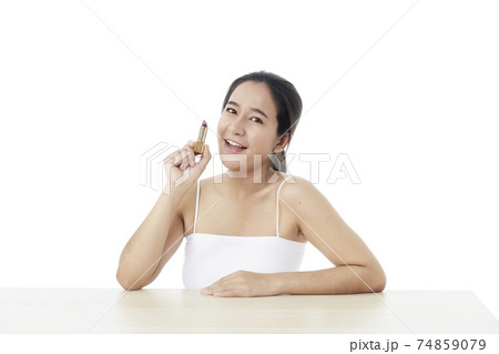Portrait beautiful young woman with makeup lipstick Portrait beautiful young woman with makeup lipstick 74859079