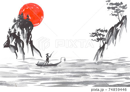 Japan traditional sumi-e painting. Fuji mountain, sakura, sunset. Japan sun. Indian ink vector illustration. Japanese picture. Japan traditional sumi-e painting. Fuji mountain, sakura, sunset. Japan sun. Indian ink vector illustration. Japanese picture. 74859446