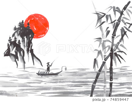 Japan traditional sumi-e painting. Fuji mountain, sakura, sunset. Japan sun. Indian ink vector illustration. Japanese picture. Japan traditional sumi-e painting. Fuji mountain, sakura, sunset. Japan sun. Indian ink vector illustration. Japanese picture. 74859447