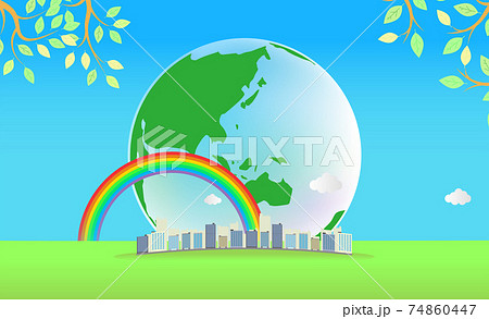 地球と都会のエコロジーな青空の背景 地球と都会のエコロジーな青空の背景 74860447
