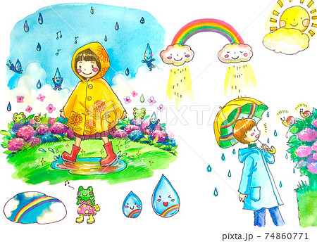 レインコートを着た女の子と男の子の梅雨のカラフルなイラストのイラスト素材