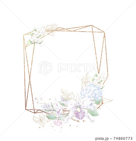 Gold geometric frame with orchids. Watercolor illustration 74860773