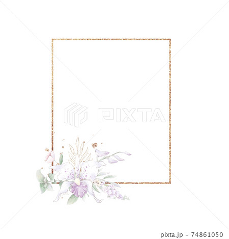 Gold geometric frame with orchids. Watercolor illustration 74861050