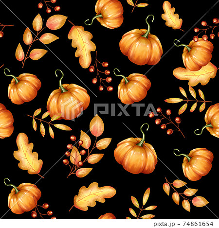 Autumn seamless pattern. Yellow fall leaves and pumpkin ornament on black Autumn seamless pattern. Yellow fall leaves and pumpkin ornament on black 74861654