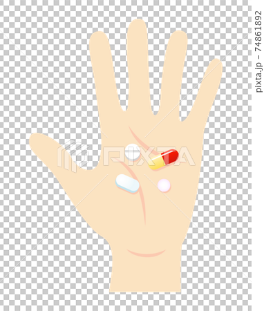 手のひらと薬のイラストイメージ 手のひらと薬のイラストイメージ 74861892