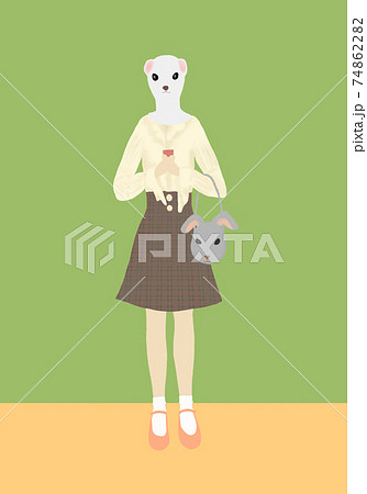 スマートフォンを持つオコジョ頭の可愛い若い女性がウサギのバッグを持って立っているイラストのイラスト素材