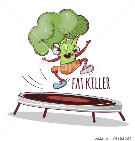 BROCCOLI FAT KILLER Sport Vegetable Cartoon Health Nutrition Nature Hand Drawn Vector Illustration For Print 74862634