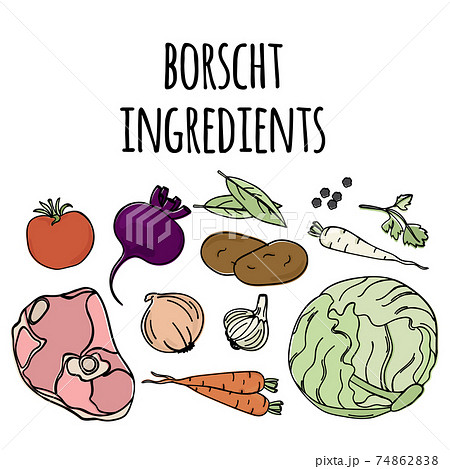 BORSCHT INGREDIENTS National Russian Cuisine Traditional Soup Food Vector Illustration Set For Print 74862838
