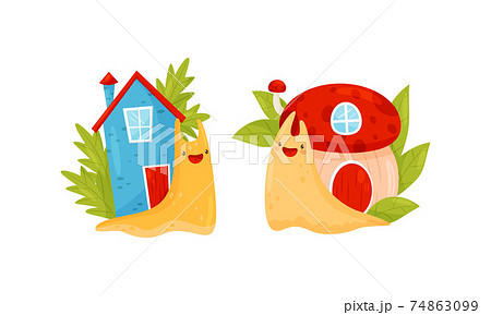 Cute Cartoon Snails Carrying House on Their Backs Vector Set Cute Cartoon Snails Carrying House on Their Backs Vector Set 74863099