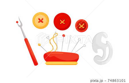 Sewing and Tailoring Accessories with Seam Ripper and Cushion with Pins Vector Set 74863101