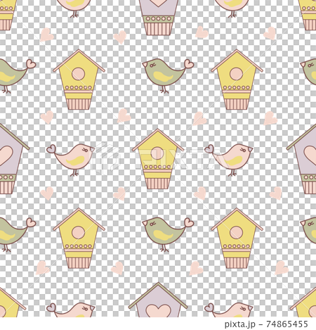 BIRD SPRING And Birdhouse In Yellow Color On Light Blue Background Cartoon Seamless Pattern Vector Illustration For Print 74865455