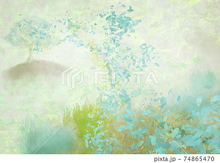 丘に立つ一本の木から葉が舞い上がる幻想的な春 夏の嵐の背景イラストのイラスト素材