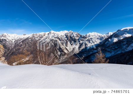 Snow Capped Mountains of the Monte Carega seen from the Lessinia Plateau - Italy 74865701