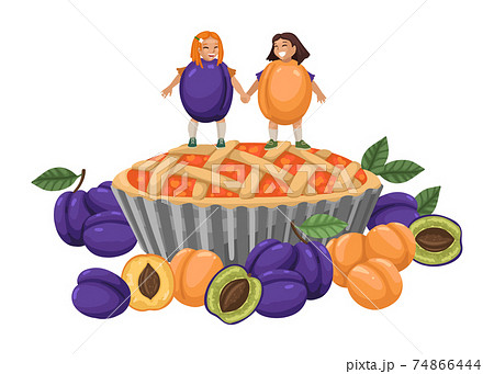 Girls in apricot and plum costumes and a big fruit pie. Childrens cute illustration, food concept, fresh baked goods. Vector flat drawing Girls in apricot and plum costumes and a big fruit pie. Childrens cute illustration, food concept, fresh baked goods. Vector flat drawing 74866444