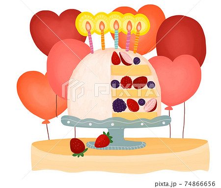 風船とケーキスタンドに乗ったロウソク付きの苺ケーキのイラスト素材