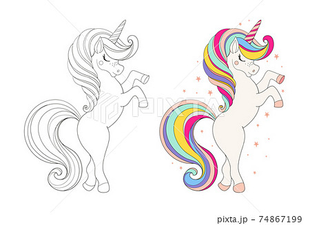 Set of cute unicorns. Colored cartoon character and drawing for coloring. Cartoon vector illustration. Educational game for children. 74867199