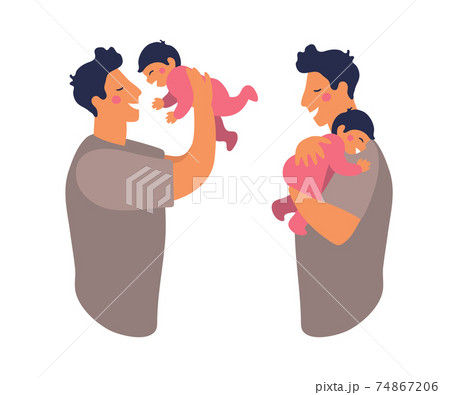 A father hugs and takes care of his child. Cute daddy is playing with his son. Happy dad holds daughter in his arms and smiles. Flat vector illustration isolated on white background. 74867206