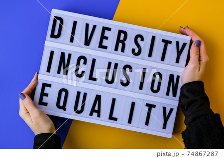 Diversity inclusion equality lettering. Text. Diversity, Age, Ethnicity, Sexual Orientation, Gender, Religion. Equal rights social concept. 74867287