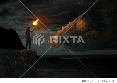 Concept of confidence - Man facing a dragon Concept of confidence - Man facing a dragon 74867314